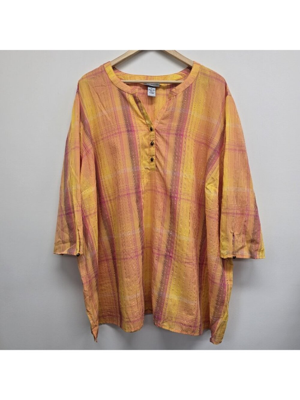 Catherines Metallic Striped Popover Blouse Top 4X Y-Neck 3/4 Sleeve Sunset